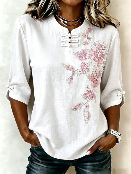 Mandarin Collar Half Sleeve Floral Printing Regular Micro-Elasticity Regular Fit Blouse For Women