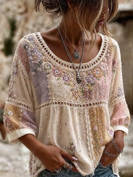Women Floral Crew Neck Half Sleeve Blouse Vintage Daily Summer Top