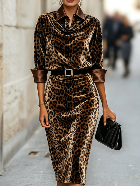 Urban Leopard Shirt Collar Floor Length Dress Belt 1 Urban Leopard Shirt Collar Floor Length Dress Belt