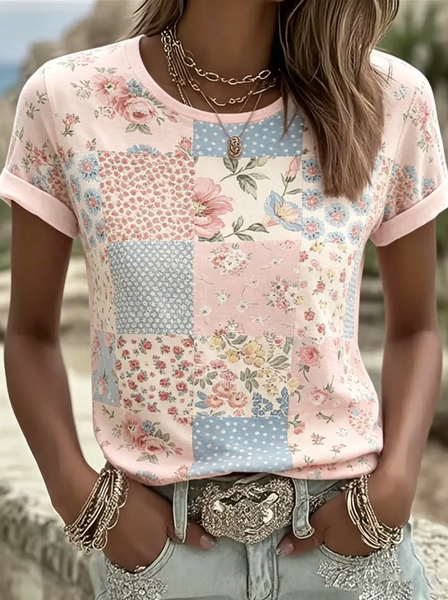 Women Floral Short Sleeve Tee T-shirt Crew Neck Printing Casual Graphic Tee Summer Top