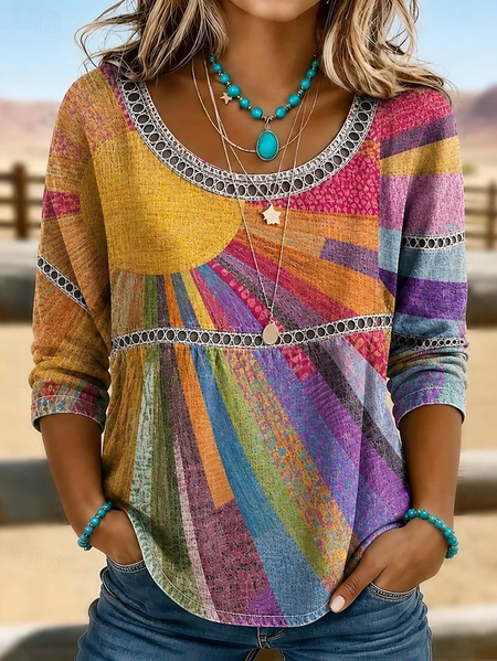 

Women Sun Crew Neck Half Sleeve Blouse Vintage Daily Summer Top, Multicolor, Shirts & Blouses