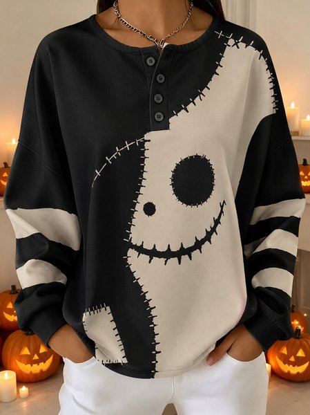 Women Cartoon Henley Collar Casual Spring/Fall Long Sleeve Sweatshirt