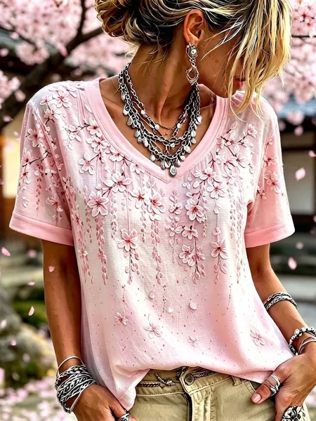 Women Floral Short Sleeve Tee T-shirt V Neck Printing Vintage Summer Top