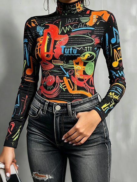Casual Abstract Print Turtleneck Tight Fit Long Sleeve T-Shirt 1 Casual Abstract Print Turtleneck Tight Fit Long Sleeve T-Shirt
