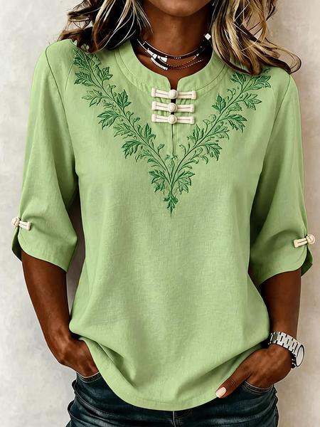 Women Floral Mandarin Collar Half Sleeve Blouse Printing Vintage Daily Summer Top