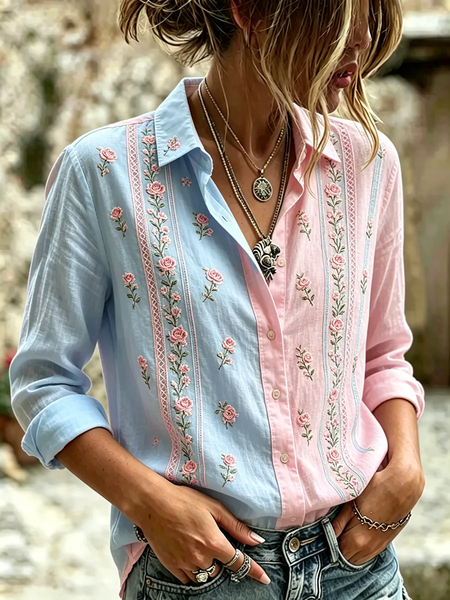 Women Floral Shirt Collar Long Sleeve Shirt Buckle Regular Sleeve Casual Daily Spring/Fall Top