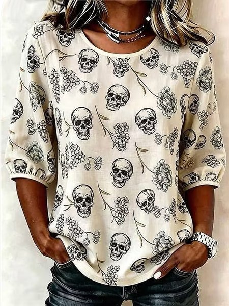 Women Skull Crew Neck Half Sleeve Blouse Printing Vintage Daily Summer Top