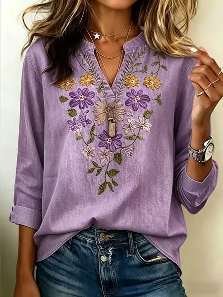 V Neck Long Sleeve Floral Printing Regular Micro-Elasticity Regular Fit Blouse For Women