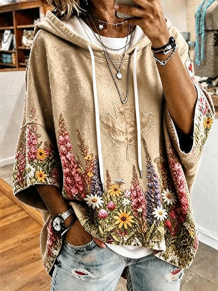 Women Floral Half Sleeve Vintage Daily Spring/Fall Hoodie