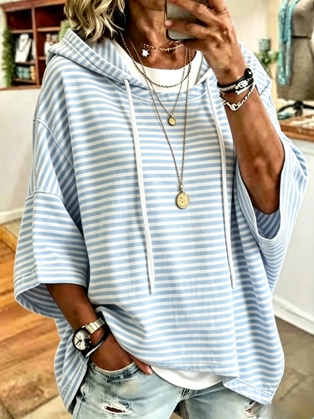 Women Striped Half Sleeve Casual Daily Spring/Fall Hoodie