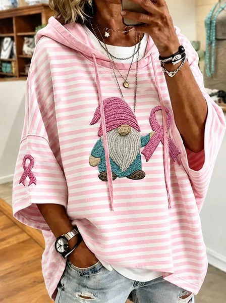 Women Striped Half Sleeve Casual Daily Spring/Fall Hoodie