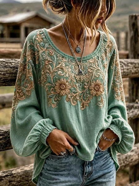 Women Floral Crew Neck Long Sleeve Blouse Printing Casual Daily Spring/Fall Top