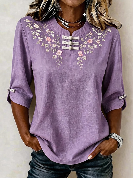 Women Floral Mandarin Collar Half Sleeve Blouse Printing Vintage Daily Summer Top