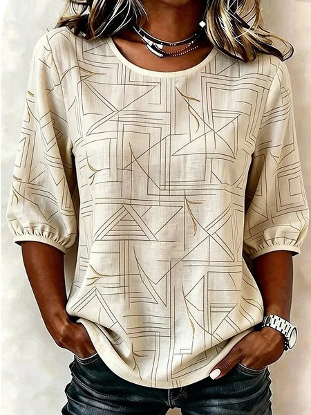 Women Abstract Graphic Crew Neck Half Sleeve Blouse Printing Vintage Daily Summer Top