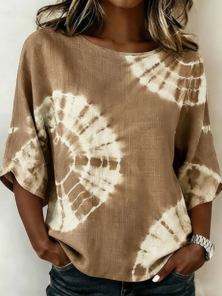 Women Abstract Crew Neck Half Sleeve Blouse Printing Vintage Daily Summer Top