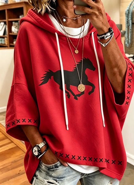 Women Horse Half Sleeve Vintage Daily Spring/Fall Hoodie