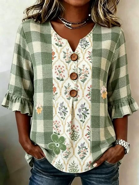 Women Geometric V Neck Half Sleeve Blouse Vintage Daily Summer Top