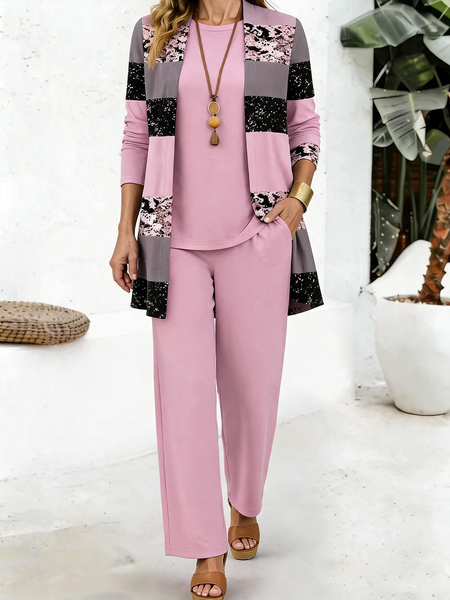 Women Color Block Matching Outfit Daily Long Sleeve Casual Spring/Fall Multi-Piece Set Matching Set