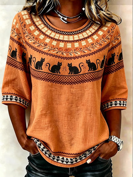 Women Halloween Crew Neck Half Sleeve Blouse Printing Vintage Daily Summer Top