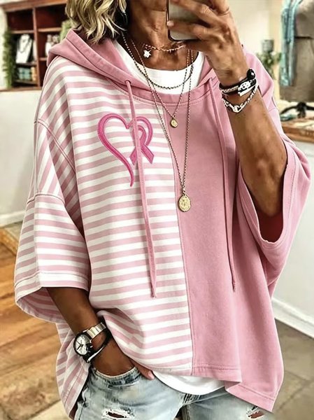Women Striped Half Sleeve Casual Daily Spring/Fall Hoodie
