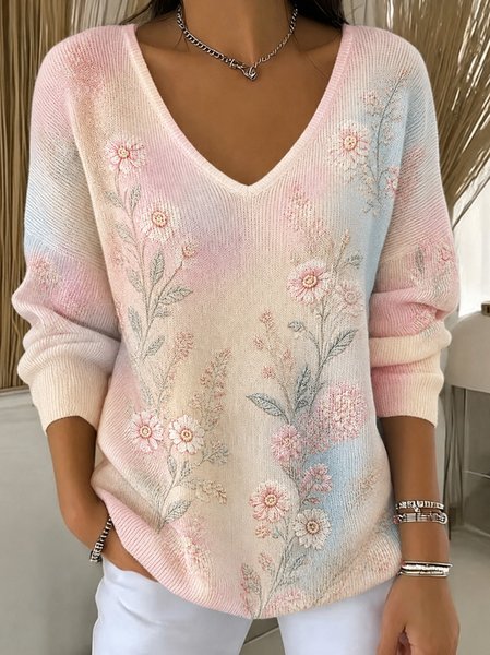 Women Floral Long Sleeve Tee T-shirt V Neck Casual Spring/Fall Top