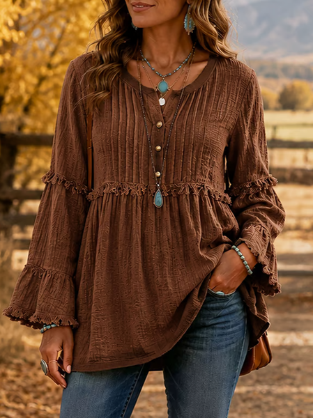Women Plain Crew Neck Long Sleeve Blouse Lace Vintage Daily Spring/Fall Top
