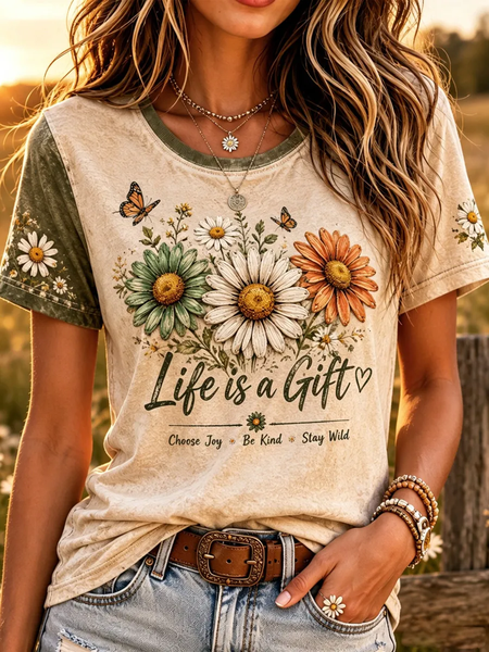 Women Floral Short Sleeve Tee T-shirt Crew Neck Printing Casual Graphic Tee Summer Top