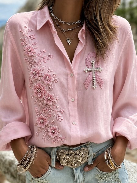 Women Floral Shawl Collar Long Sleeve Shirt Vintage Holiday Spring/Fall Top