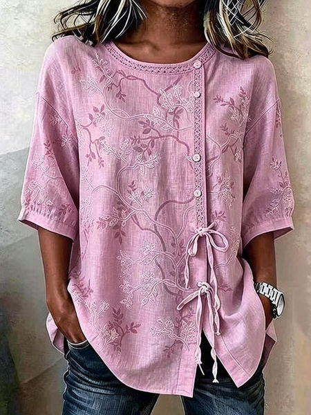 Women Floral Crew Neck Half Sleeve Shirt Vintage Daily Summer Top
