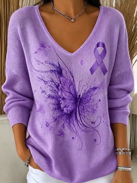 Casual Butterfly V Neck Long Sleeve T-shirt