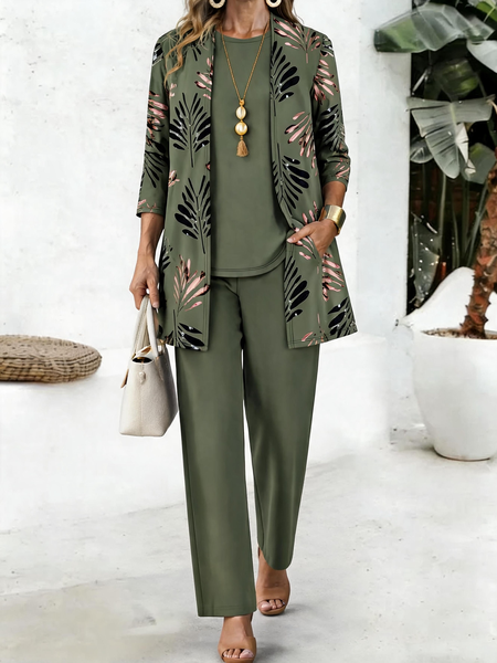 Women Leaf Matching Outfit Daily Long Sleeve Casual Spring/Fall Multi-Piece Set Matching Set