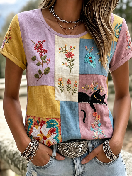 Women Cat Short Sleeve Tee T-shirt Crew Neck Vintage Summer Top