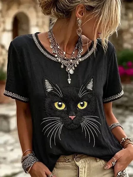 Vintage Geometric Crew Neck Short Sleeve T-shirt