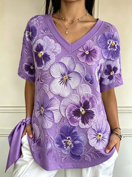 Women Floral Short Sleeve Tee T-shirt V Neck Casual Summer Top