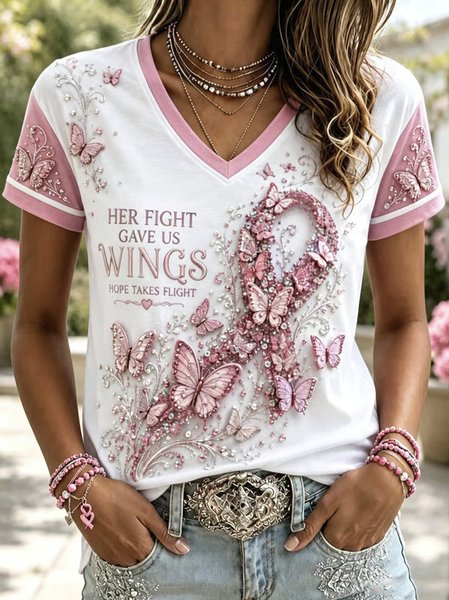 Women Butterfly Short Sleeve Tee T-shirt V Neck Casual Summer Top
