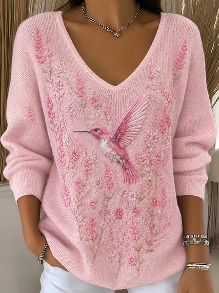 Women Floral Long Sleeve Tee T-shirt V Neck Casual Spring/Fall Top