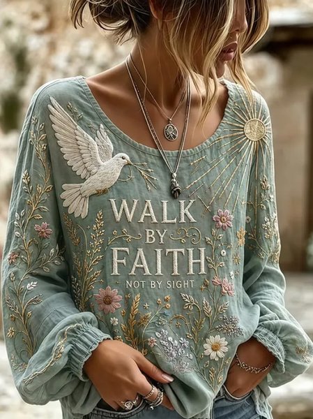 Crew Neck Long Sleeve Floral Printing Lightweight Micro-Elasticity Loose Blouse For Women
