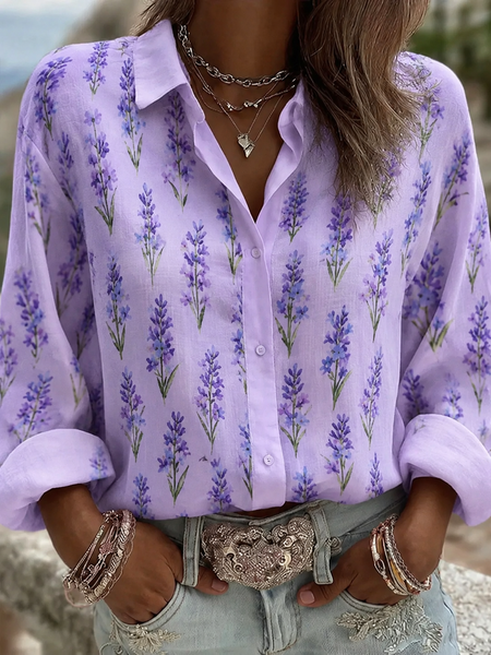 Shirt Collar Long Sleeve Floral Printing Regular Micro-Elasticity Loose Shirt For Women