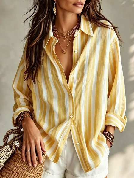 Women Striped Shirt Collar Long Sleeve Shirt Printing Vintage Daily Spring/Fall Top