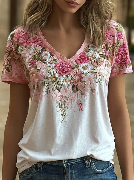 Women Floral Short Sleeve Tee T-shirt V Neck Casual Summer Top