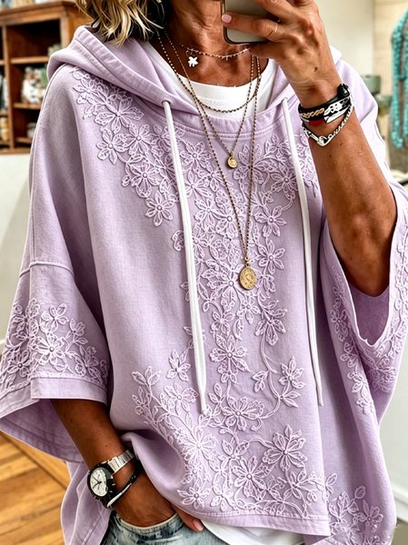 Women Floral Half Sleeve Casual Daily Spring/Fall Hoodie