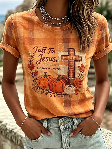 Women Plaid Short Sleeve Tee T-shirt Crew Neck Vintage Summer Top