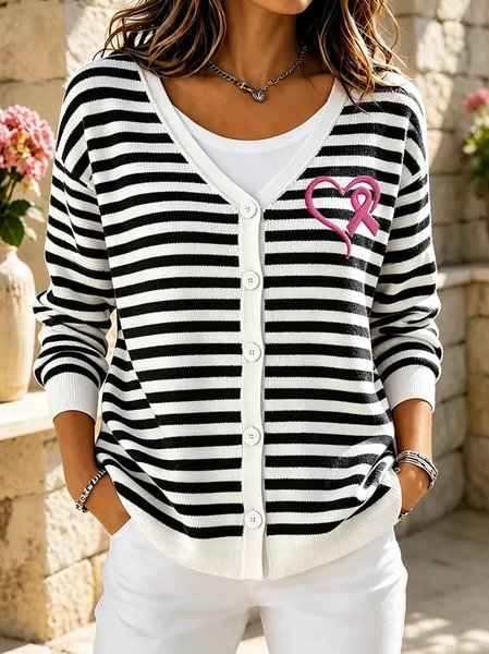 Women Striped Long Sleeve V Neck Casual Spring/Fall Cardigan Outerwear