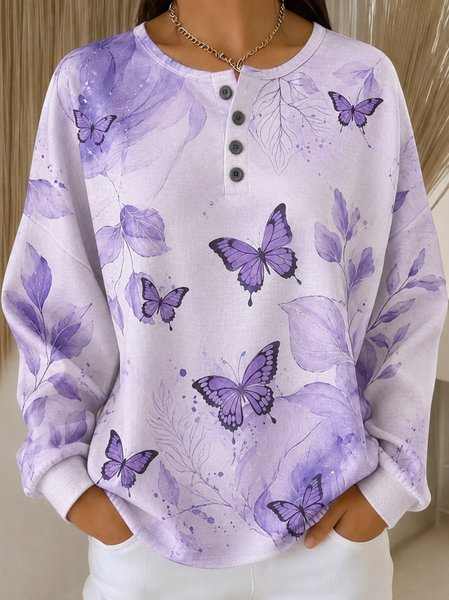 Women Floral Henley Collar Casual Spring/Fall Long Sleeve Sweatshirt
