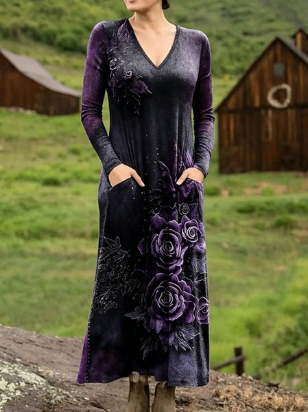 Women Ethnic Spring/Fall Dress V Neck Long Sleeve T-Shirt Dress A-Line Dress