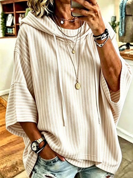 Women Striped Half Sleeve Casual Daily Spring/Fall Hoodie