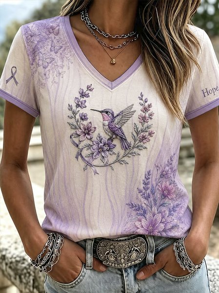 Women Floral Short Sleeve Tee T-shirt V Neck Casual Summer Top