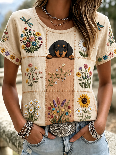 Vintage Floral Crew Neck Short Sleeve T-shirt