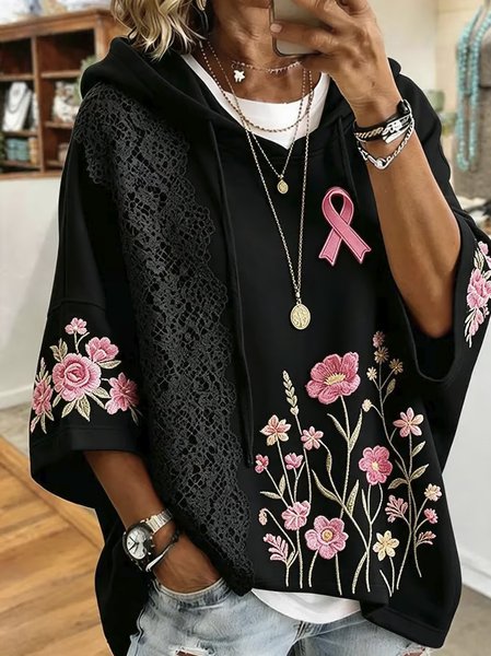 Women Floral Half Sleeve Casual Daily Spring/Fall Hoodie