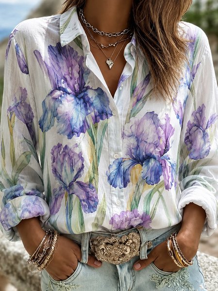 Women Plain Shawl Collar Long Sleeve Shirt Vintage Holiday Spring/Fall Top
